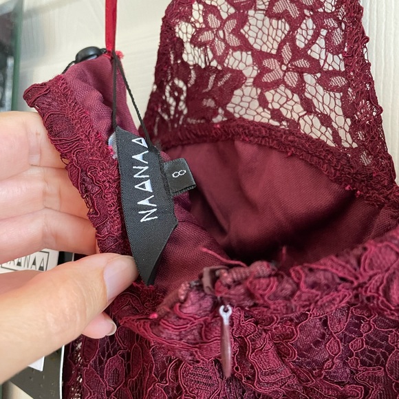 Cross Front Lace Pencil Dress with Panelled Side Wine Colour - Picture 7 of 7